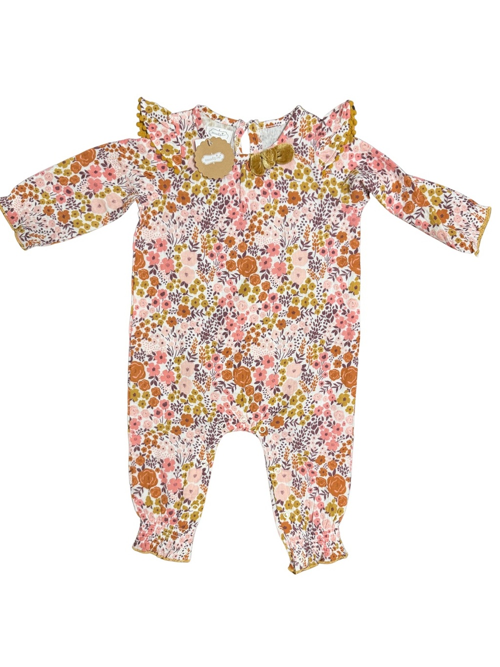 Mud Pie Floral Ruffle One-Piece Bodysuit Romper w/ Smocking Baby Girl Sz 6-9 Mo